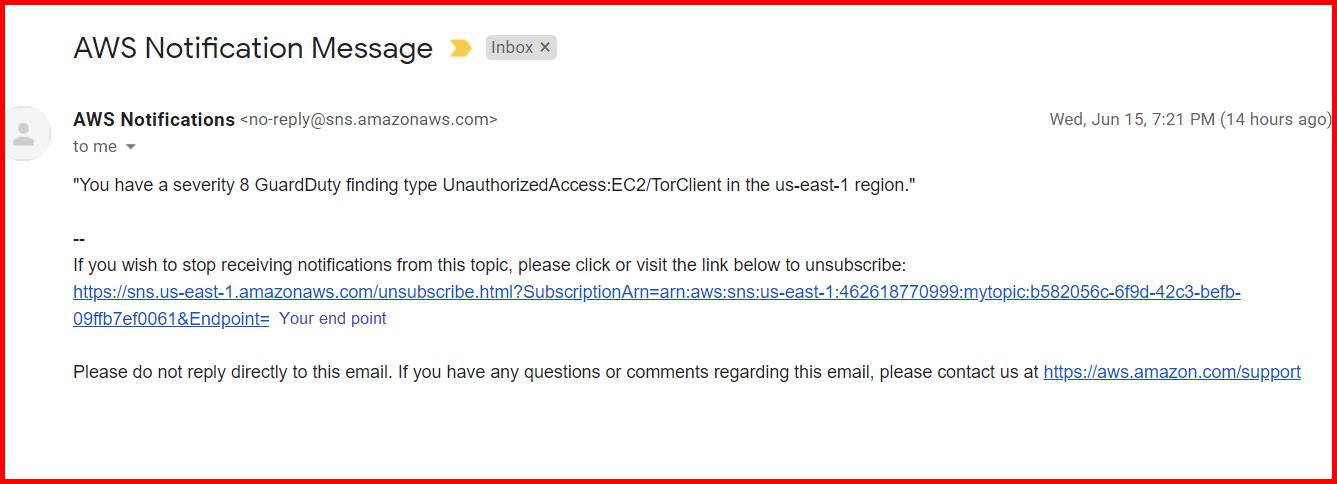 Picture showing an email triggered when a finding is logged in Guard Duty